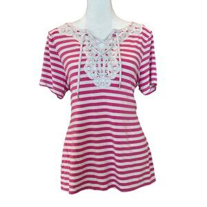 Pink and White Stripped Short Sleeve Lace Lace-Up Top